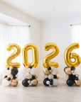 Gold '2026' balloons with black and white balloons on a light background