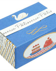 Blue box with 'Patisserie Patis' branding and cake illustration on a white background