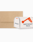 A birthday mail mailbox card with a brown envelope and a decorative stamp, placed on a white background.