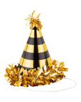 Black and gold party hat with tassels on a white background