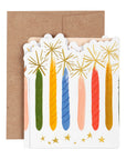 An accordion-style greeting card with a hand-painted design featuring golden candles and stars, in a variety of colors, sent with a coordinating envelope.
