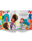 Illustrated book open to two pages with children and international flags