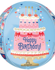 Round blue balloon with pink birthday cake design and 'Happy Birthday!' text