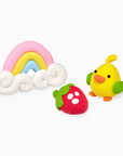 Clay figures as a rainbow, strawberry and chick.