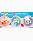 Packaging of Creatibles DIY Air Dry Clay Kit with three colors of clay displayed in round plastic containers and three plastic tools, set against a white background.