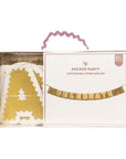 Packed Party customizable fringe garland packaging with gold fringe banner and white box on a white background