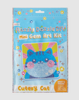Packaging of the Cutesy Cat theme DIY Mini Gem Art Kit, showing the completed gem art and including a gem tray, wax pencil, and six gem packs.