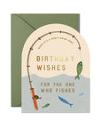 Fishing-themed birthday card with a fishing rod and fish illustrations on a light blue background.