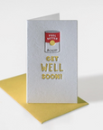 Mini Notecard with canned soup and text "Get well soon"