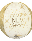 Happy New Year balloon with gold text and star designs on a white background