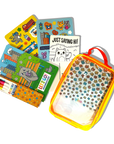 Set of children's activity books with a cat-themed pouch on a white background