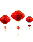 Three red paper lanterns with gold accents on a white background