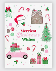 White christmas greeting card with christmas themed icons in pinks and greens