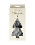 A box of silver tinsel decoration inside a cream box