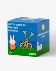 A blue and green product box for the 'miffy goes to the zoo blind box' by SMOKO, featuring illustrations of Miffy and two giraffes, shown on a clean white background.