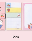 Assorted colorful sticky memo notes with illustrations of a character resembling Miffy, including designs with the text 'Miffy' and various cute scenarios.