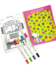 Coloring book with school bus and flowers, along with markers on a white background