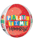 Colorful balloon with 'Party Time Hooray!' text on a white background