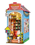 Peanuts and snoopy themed miniature house with library inside on white background