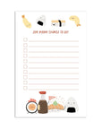 A to do list with boxes for you to check off box. Sushi icons above and below the list