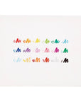 A collection of marker scribbles in rainbow colors alongside a sample of the stamp from the coordinating color.