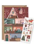 Illustrated dollhouse with a set of Christmas-themed stickers on a white background