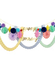 Colorful birthday banner with honeycombs and 'Happy Birthday' text on a white background