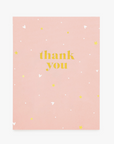 a pink thank you card with heart and star confetti prints