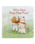 Book with title "Who Says Peep Peep Peep" with baby cow, pig, and chick illustration