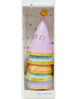 A set of multi-colored party hats displayed in packaging with 'YAY!' text on the top hat.