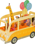pop up 3d card featuring yellow bus with animals inside, "happy birthday" text on the side