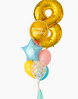 A balloon arrangement featuring multiple balloons in yellow, blue, pink, and green, with a 'Happy Birthday' message and a number '8' balloon for an adult's eighth birthday.