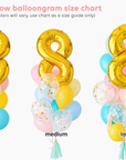 Three varying sized balloon bouquets, each one with an increase in quantity of balloons from small, medium to large.