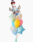 A birthday balloon bouquet featuring a white goose foil balloon with red sunglasses and the text 'IT'S YOUR BIRTHDAY SILLY GOOSE', surrounded by blue, pink, yellow, and clear confetti balloons on a white background.