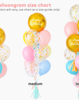 Three varying sized balloon bouquets from small, medium to large. Each bouquet increases in quantity of balloons.