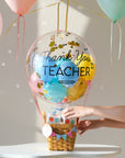balloon gift shaped as a hot air balloon featuring a "thank you teacher" greeting with a hand reaching for a cupcake from the basket
