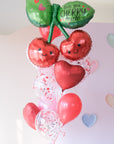 Cherry balloon with hearts, confetti, and red and pink latex balloons, upgraded to large size