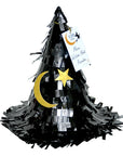 Black witch hat piñata with yellow crescent moon and star on a white background