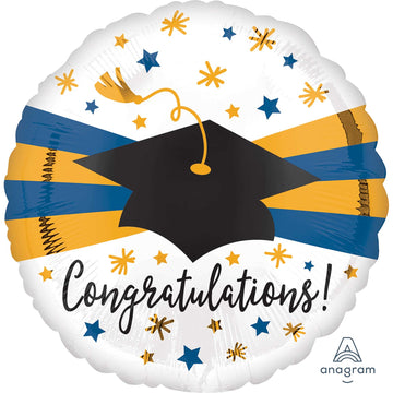 Congratulations Grad Cap Blue and Gold Stripes Balloon