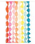 A string of crepe paper streamers in a rainbow color palette, with fringe-like ends, displayed against a white background.