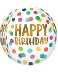 a round happy birthday balloon with colorful dots