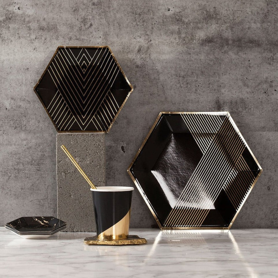 noir black and gold paper tableware set