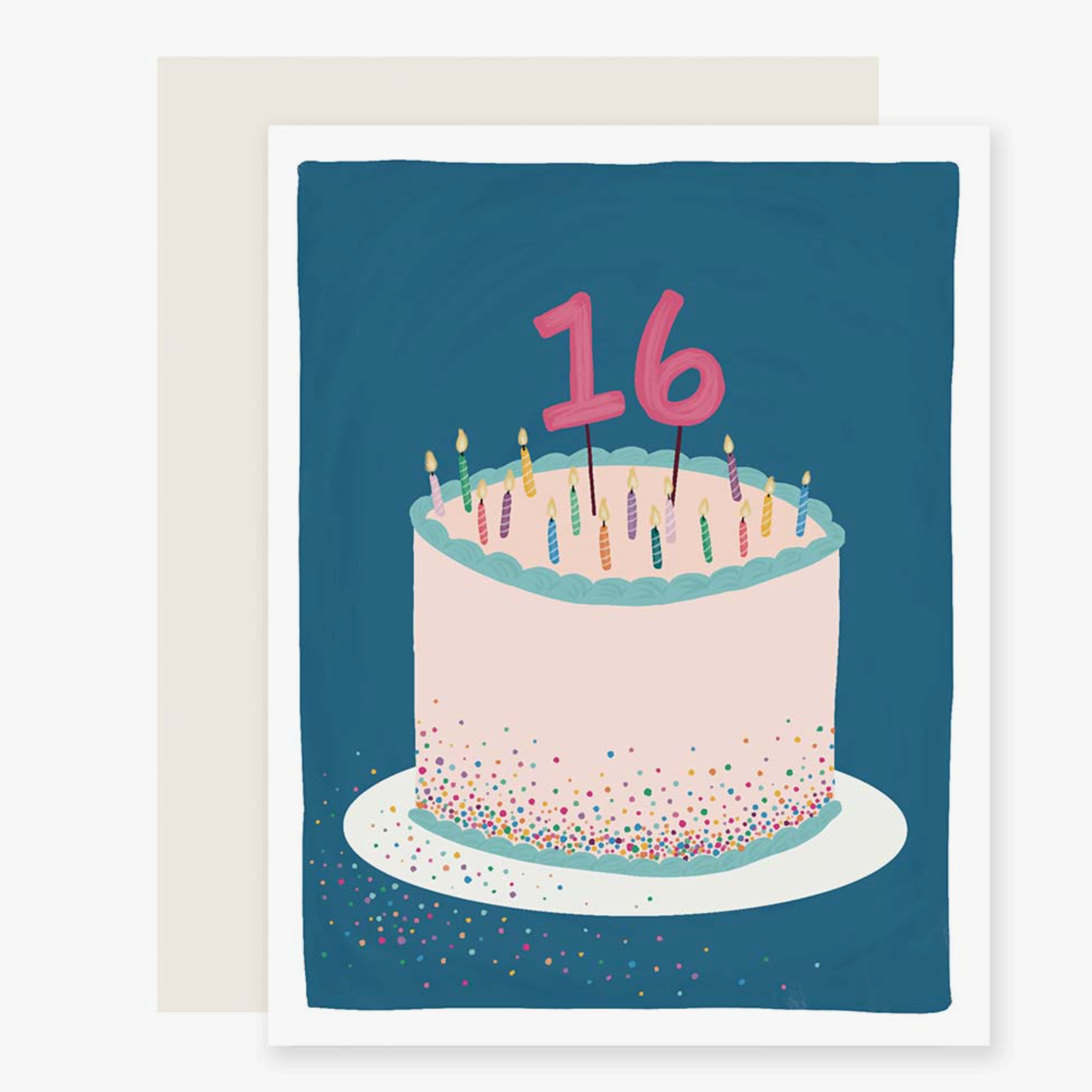 A greeting card featuring an illustration of a cake with sixteen candles on it, with a '16' sign on the top, against a blue background. The card is blank inside.