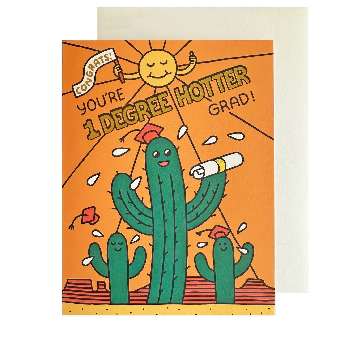 Greeting card with orange background and cacti with grad caps and diploma