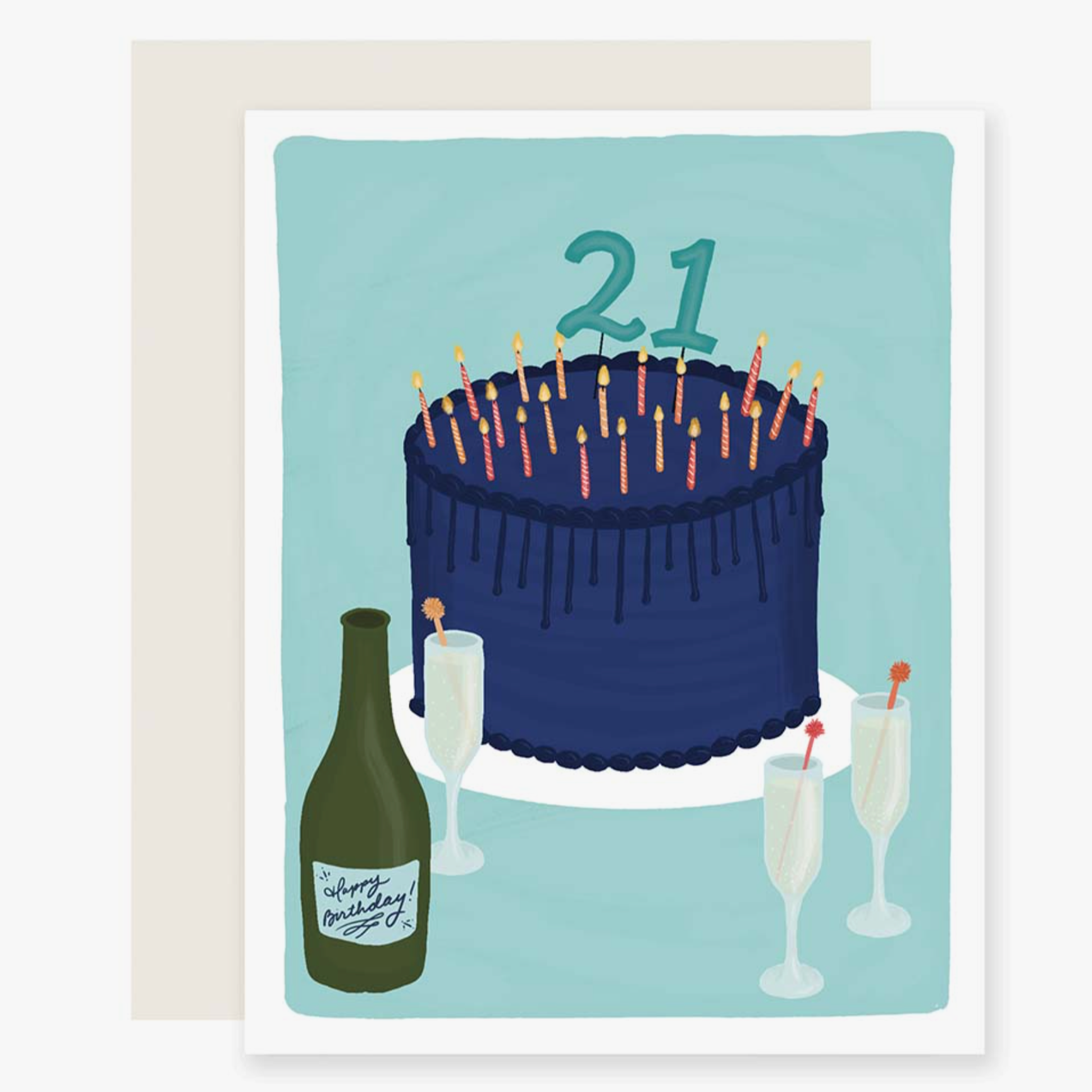 A colorful birthday card featuring a cake with candles and a bottle of champagne, indicating it's for celebrating a 21st birthday.