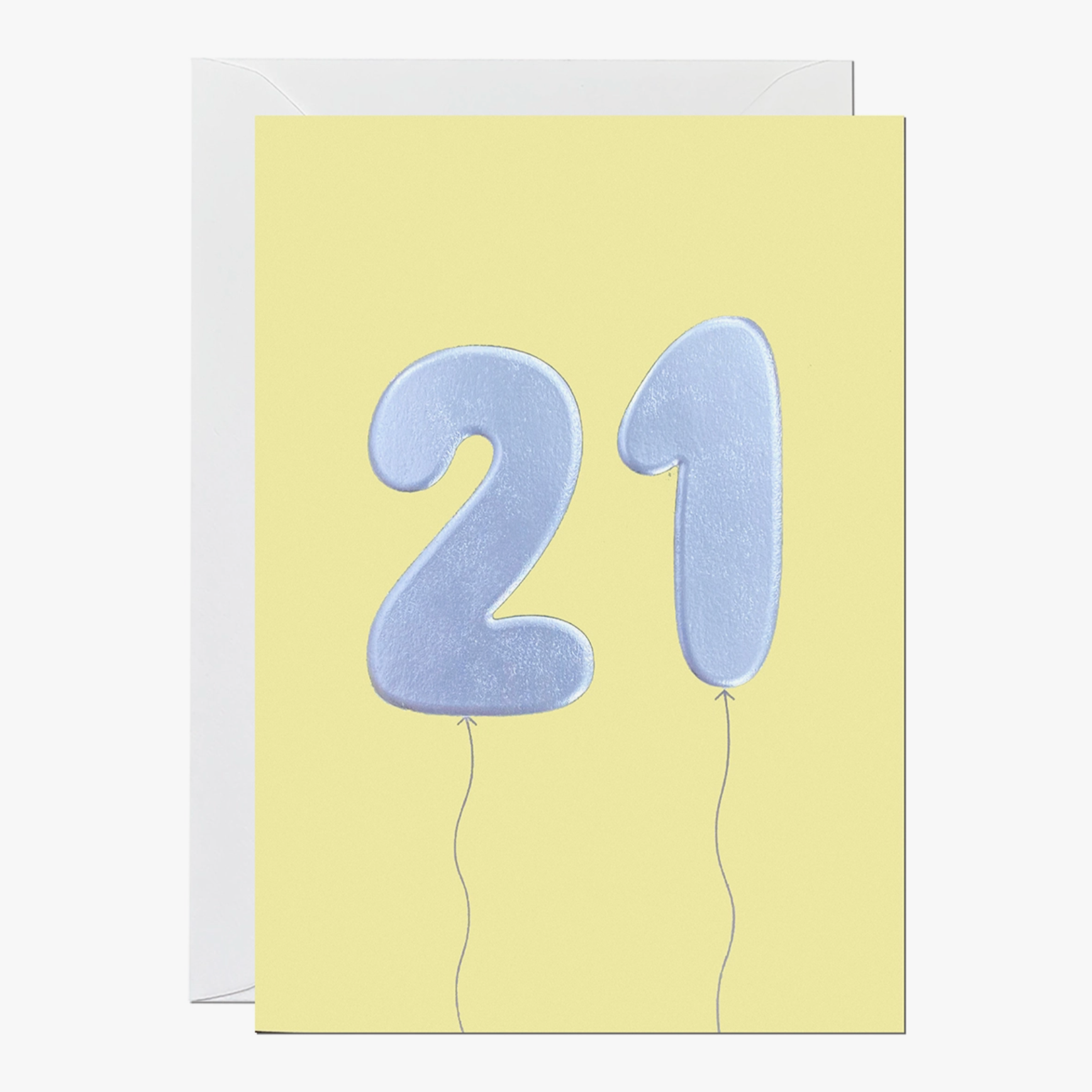 Birthday greeting card with silver 21 balloons and yellow background