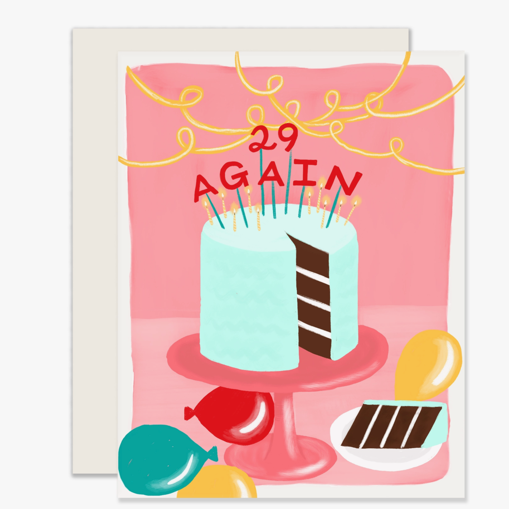 A colorful birthday card featuring an illustration of a cake with '29 again' written on it, alongside decorations and a blank space for a message.