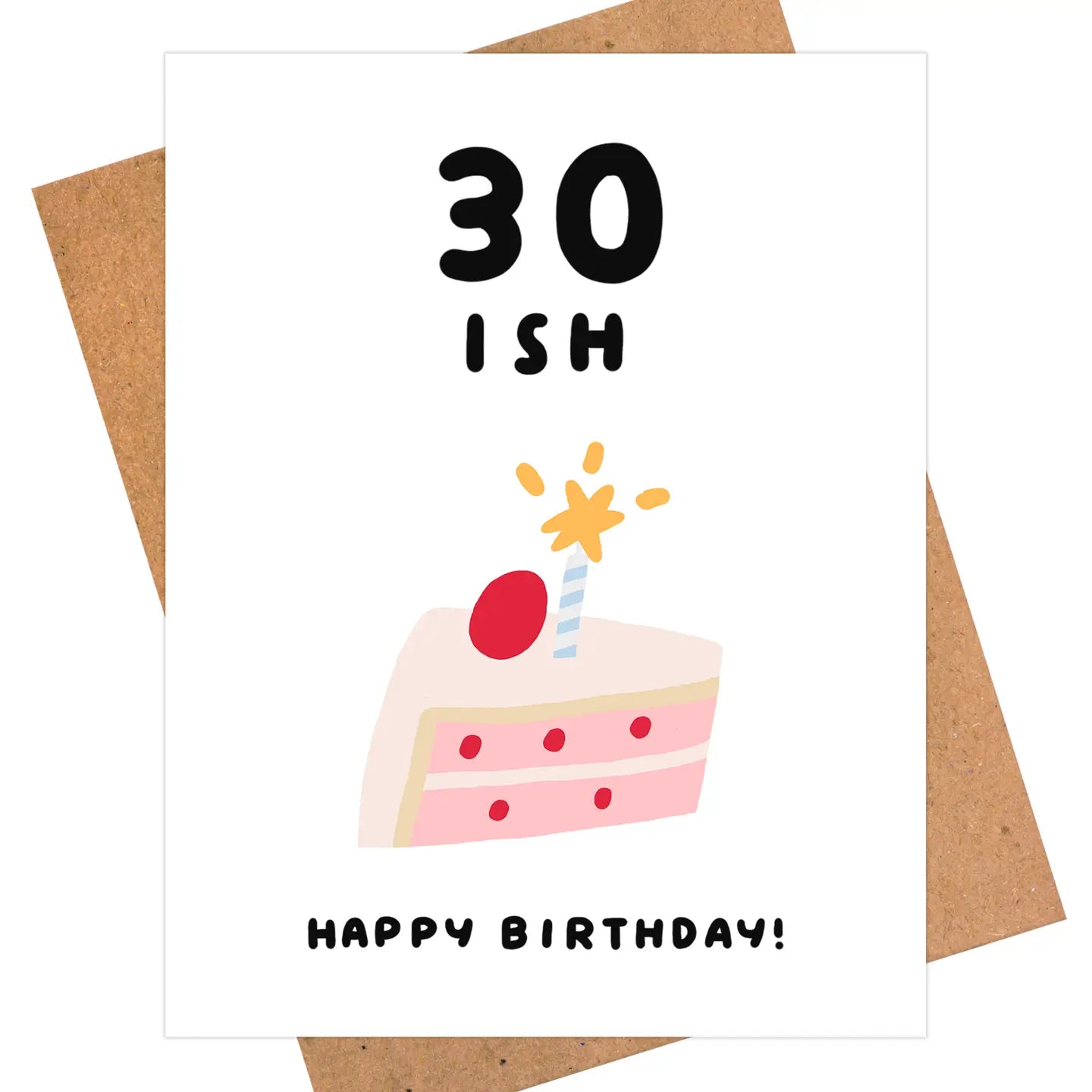 Birthday card with a slice of cake and '30ish' text on a white background