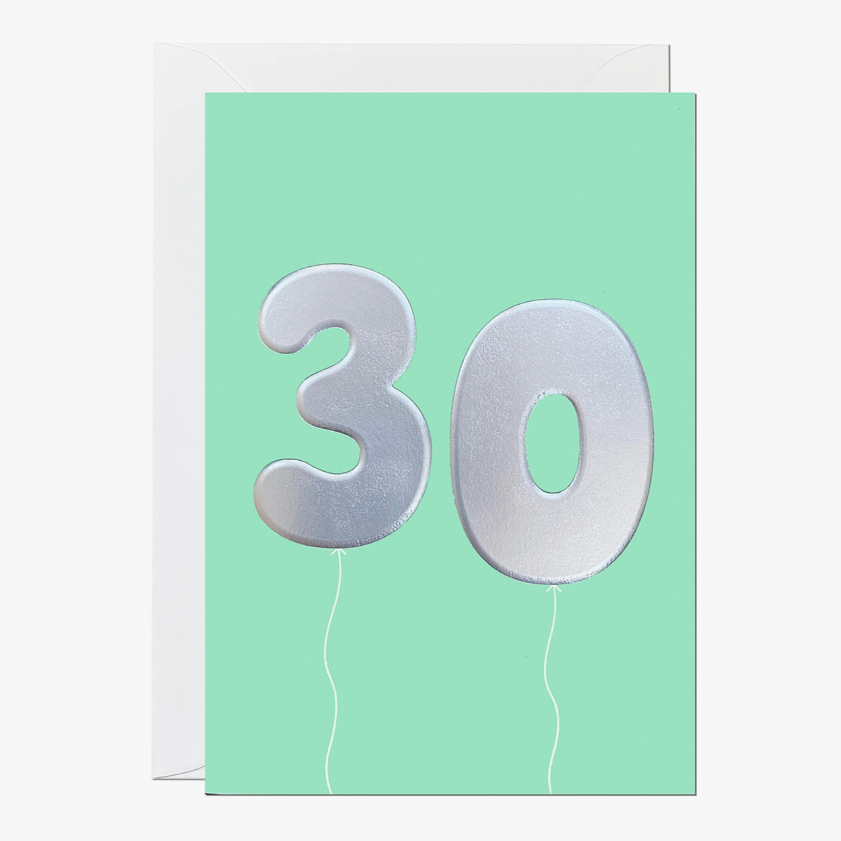Birthday greeting card with silver 30 balloons and green background