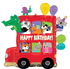 A colorful birthday balloon featuring a red bus with various cartoon animals on board, with 'HAPPY BIRTHDAY' text, and balloons and gifts around it.